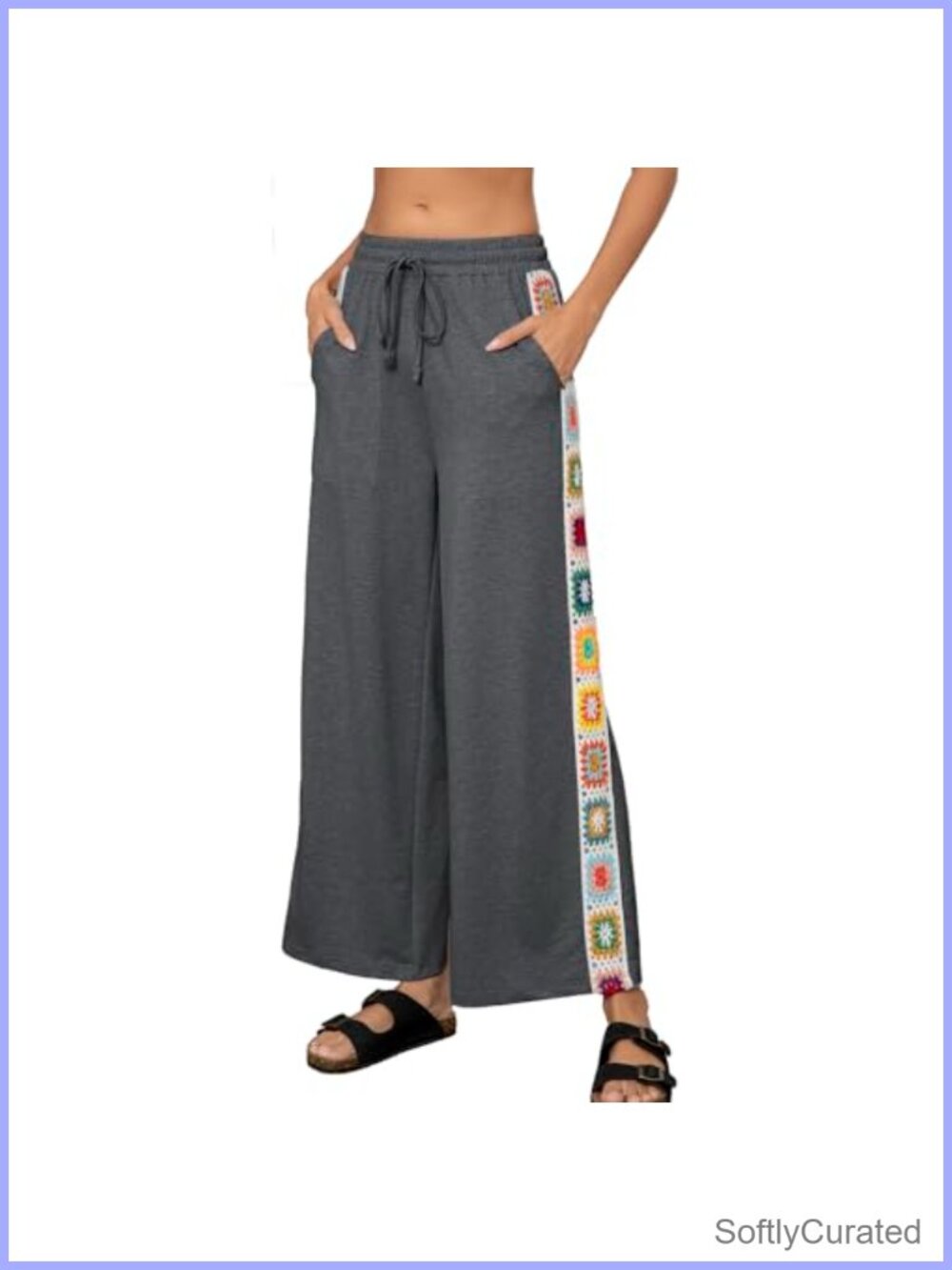 Cropped Wide Leg Pants with Crochet Trim Drawstring Waist Boho